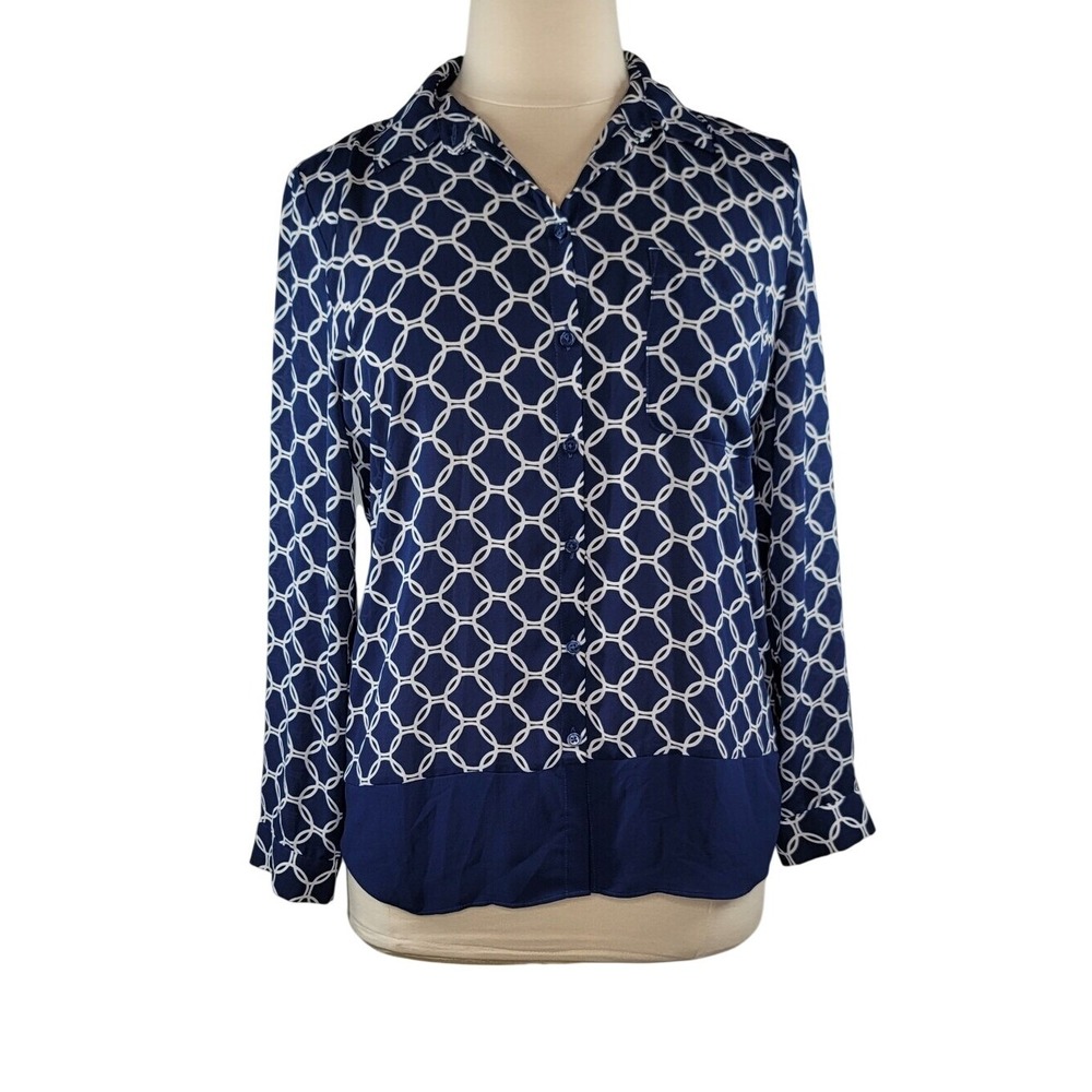 Chico's Navy Geometric Print Button-Down Long Sleeve Blouse